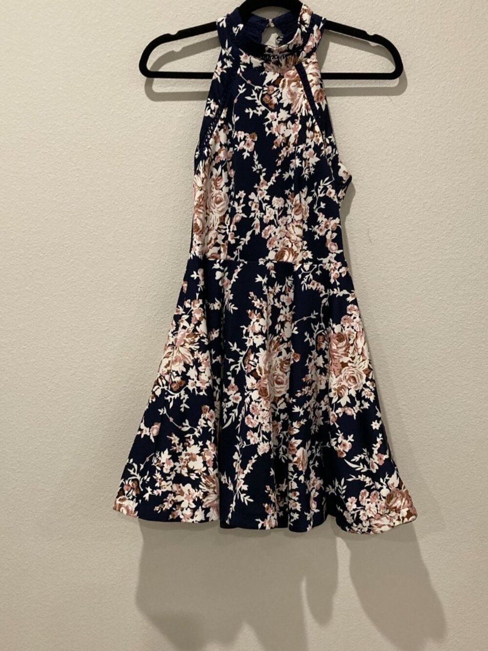 B Darlin Navy Black Pink Floral Lace Trim Halter Dress 3/4